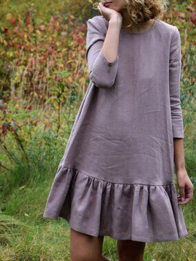OffOn Clothing M/L Drop Waist 100% Linen Dress in Light Turquoise
